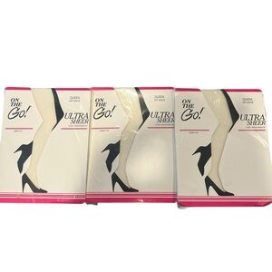 On the Go Ultra Sheer Toe Pantyhose Sz Queen‎ Off White Lot Of 3 Vtg Women